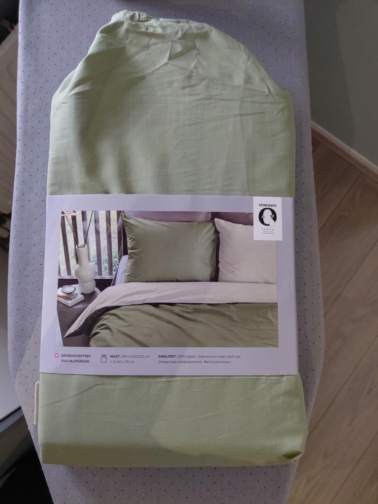 VT Wonen Dekbedovertrek Duo Olijfgroen/Crème 240x200/220cm, Dekbedovertrek, Ophalen of Verzenden, Groen, Nieuw