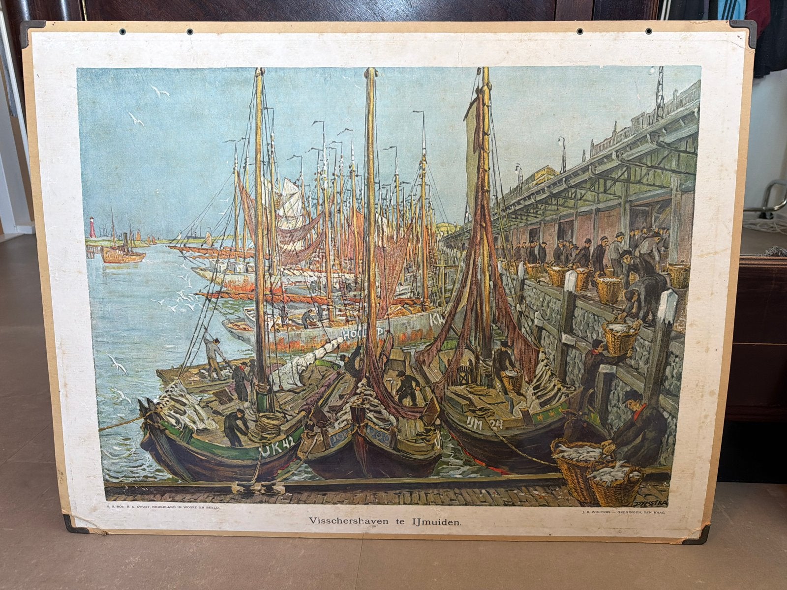 2 Oude Schoolplaten IJmuiden: Vissershaven & De Haven, Antiek en Kunst, Ophalen of Verzenden, Stad- en Dorpsgezichten