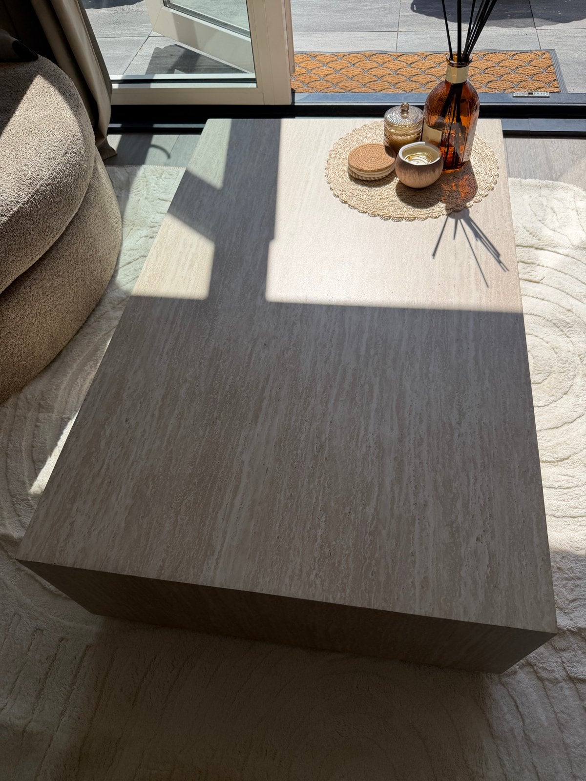 Mooie eikenhoutkleurige salontafel te koop (Manzilon), Ophalen, Overige materialen, 100 tot 150 cm, 50 tot 100 cm