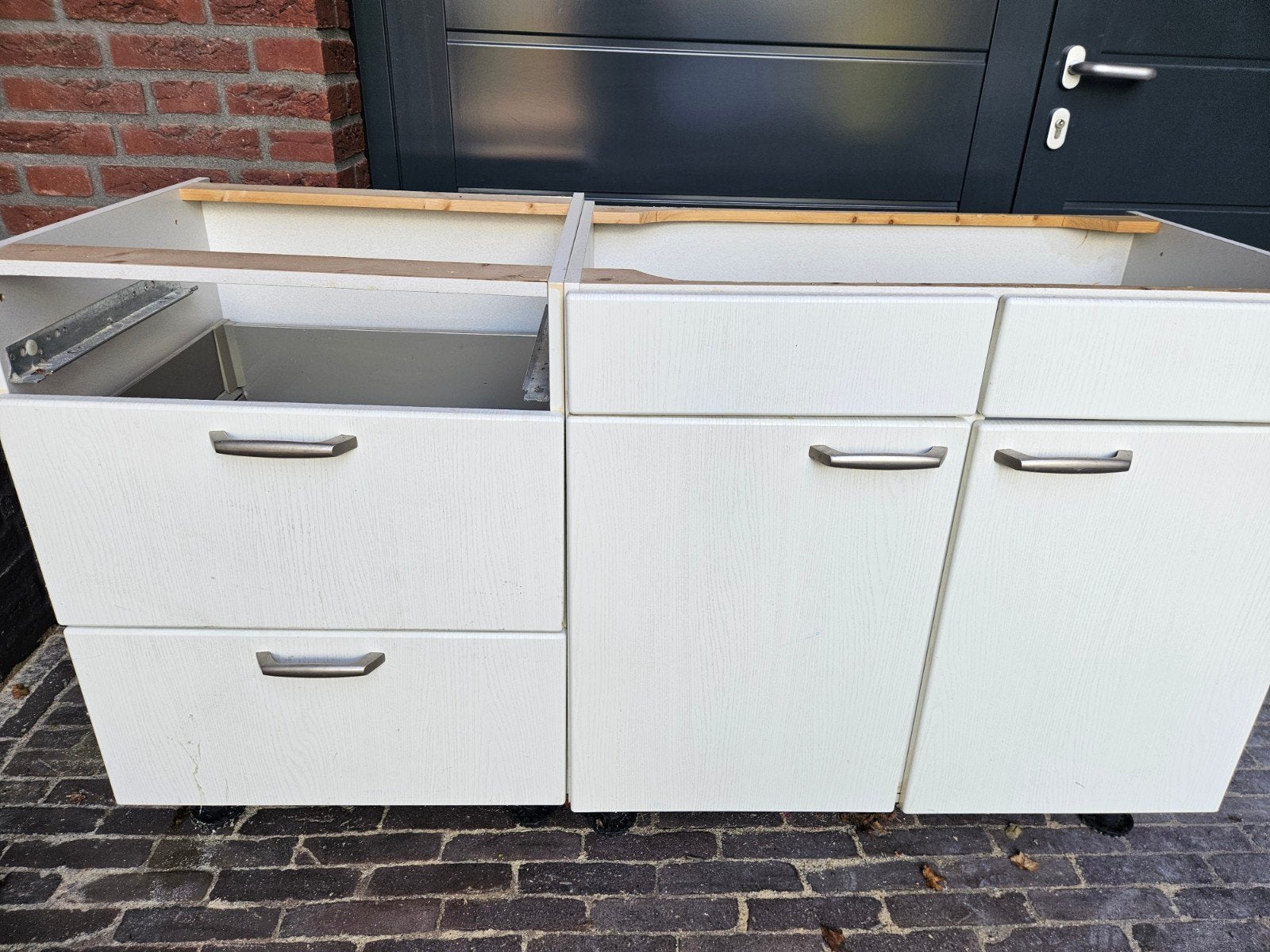 Keukenblok met lades, kastjes en dubbele spoelbak, Ophalen, Gebruikt, Wit, Overige typen