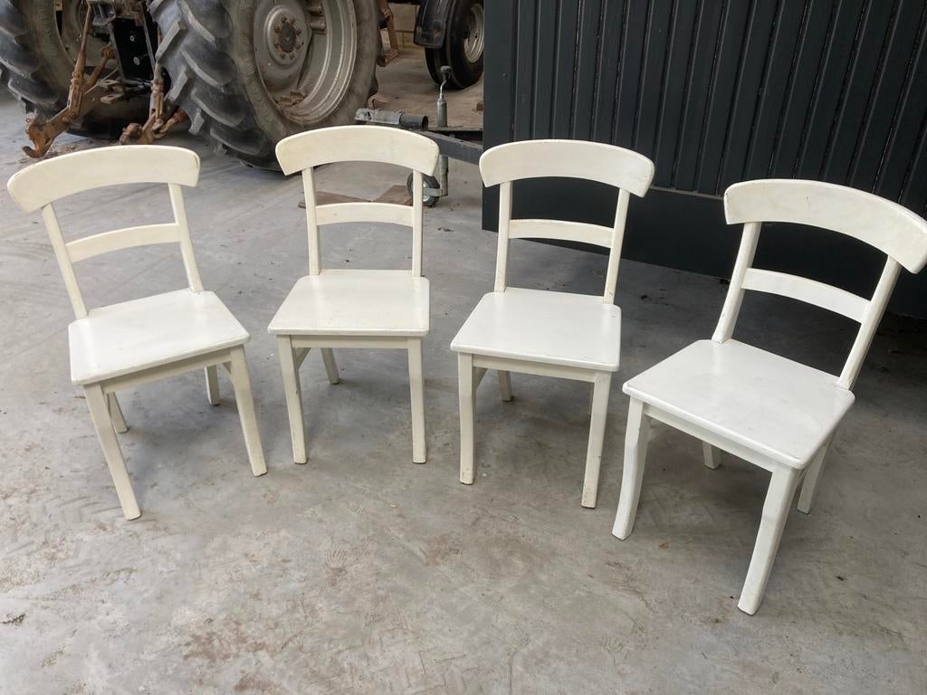 Set van 4 sterke stevige witte houten stoelen - Gebruikt, Wit, Ophalen of Verzenden, Zo goed als nieuw, Vier
