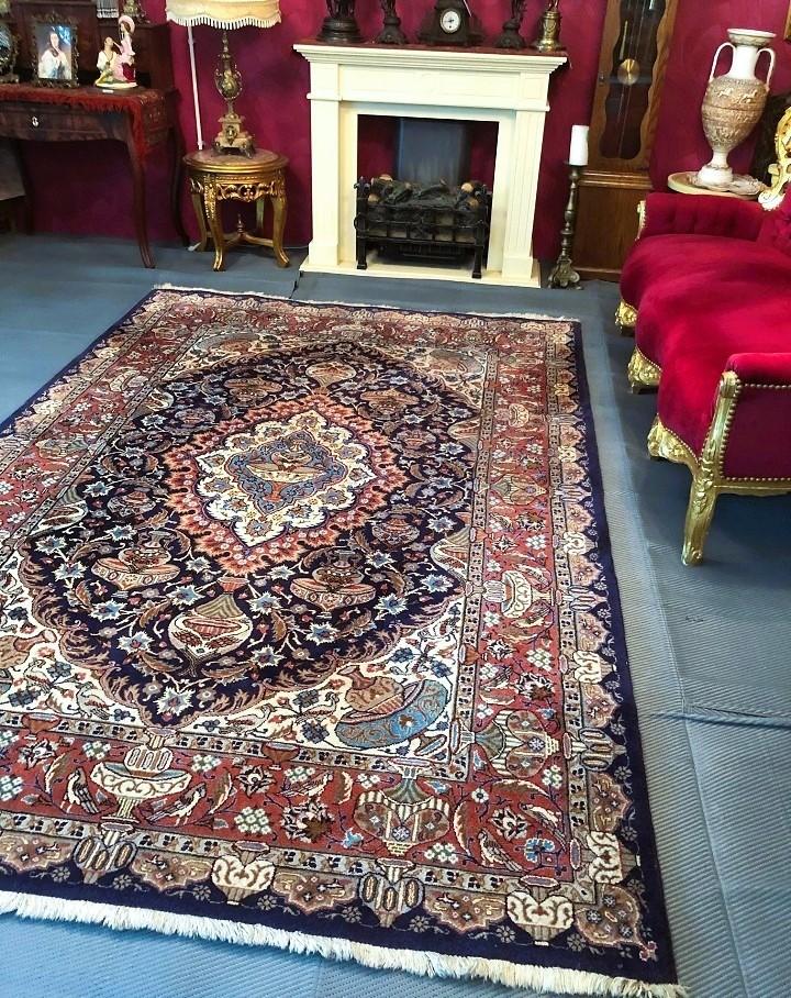 Perzisch tapijt handgeknoopt Kashmar met zijde vloerkleed, Gebruikt, Blauw, 200 cm of meer, Ophalen of Verzenden