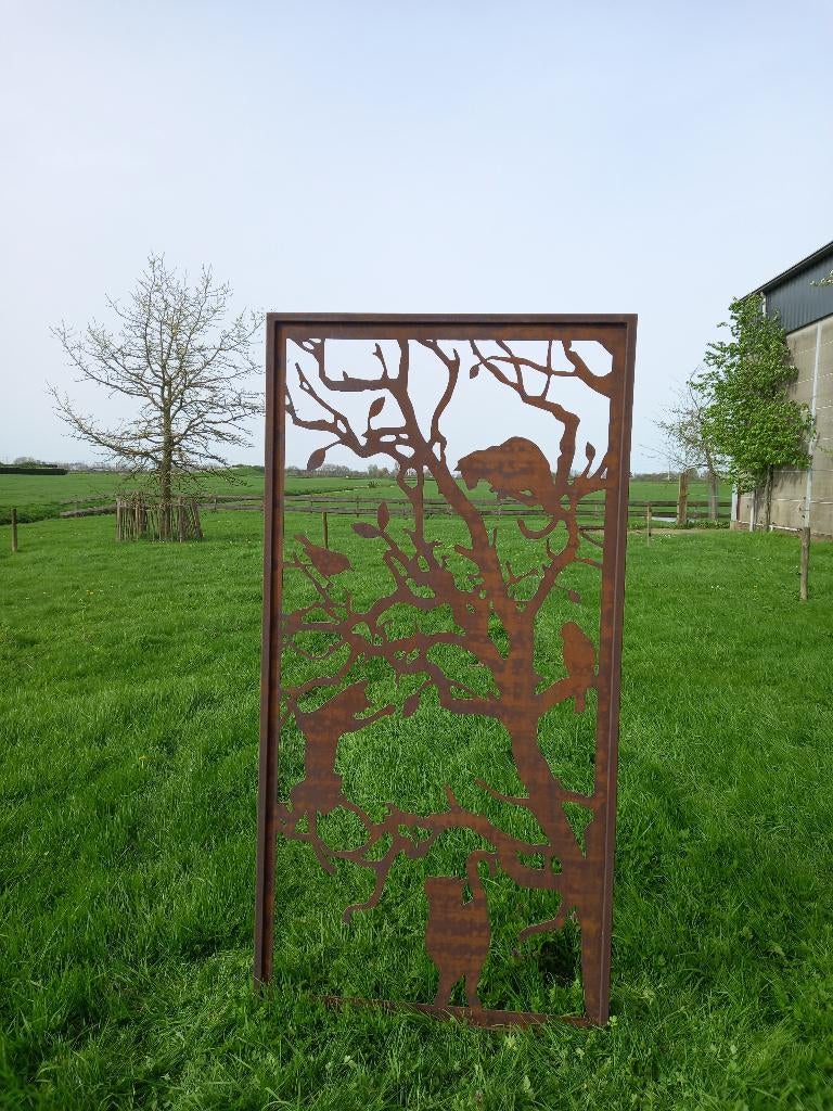 Tuinpaneel met boom, poezen en vogels van cortenstaal, Tuin en Terras, Ophalen, Nieuw