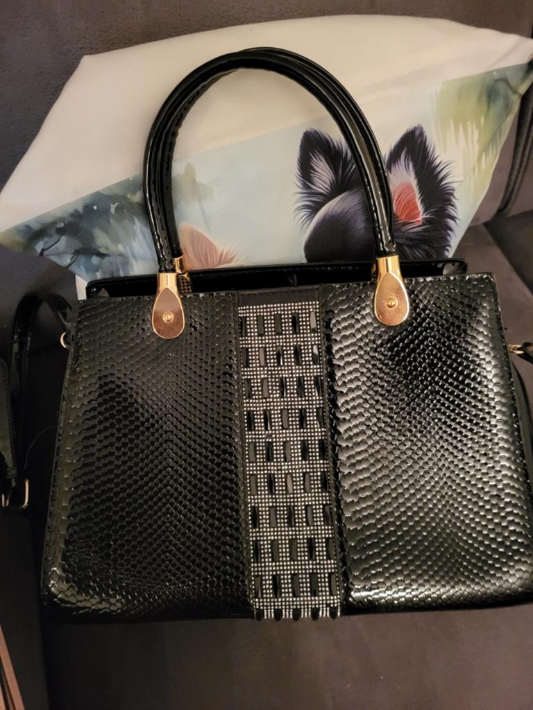 Elegante Zwarte Handtas met Reptielprint en Strass, Ophalen, Zo goed als nieuw, Zwart, Handtas