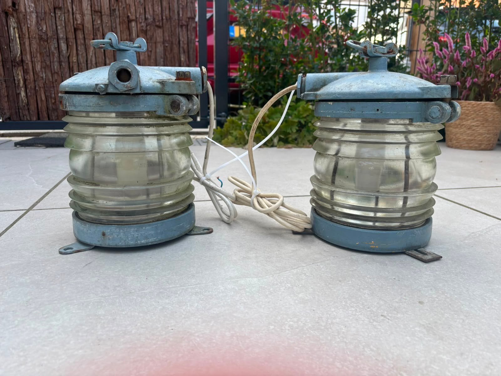 Twee oude blauwe scheepslampen inclusief ledverlichting, Tuin en Terras, Buitenverlichting, Ophalen, Gebruikt, Netvoeding, Minder dan 50 watt