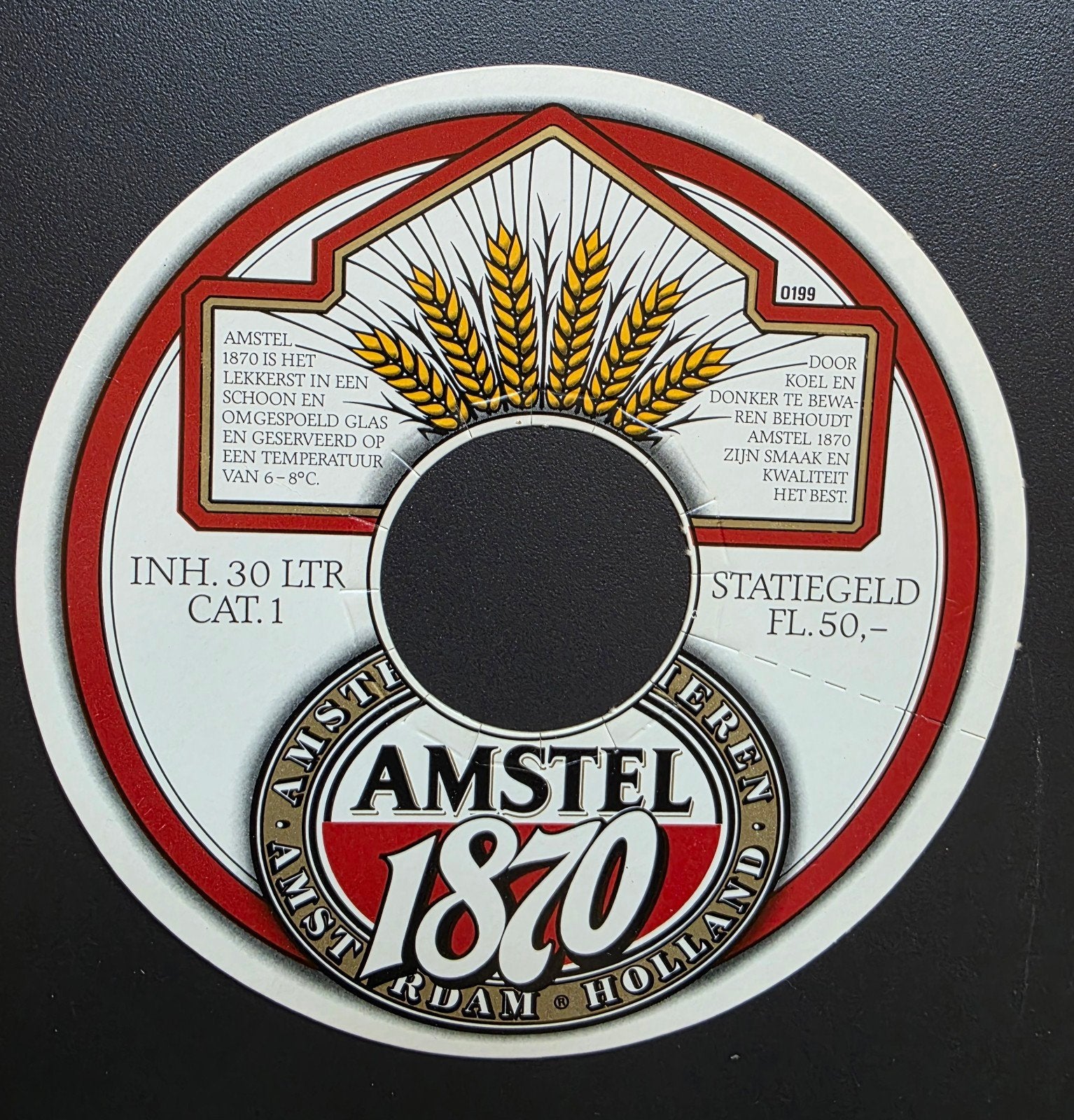 129) GROOT RING/FUST ETIKET AMSTEL 1870 - NR. 0199, Verzenden, Zo goed als nieuw, Overige typen, Amstel