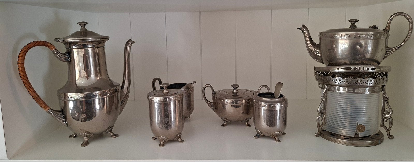 Antiek verzilverd theeservies met koffiekan en brander, Antiek en Kunst, Ophalen of Verzenden, Zilver