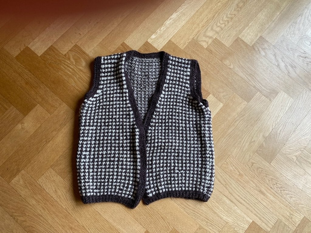 Vintage Handgemaakt Wollen Gilet / Spencer – Bruin/Wit - M/L, Maat 38/40 (M), Bruin, Ophalen of Verzenden, Zelfgebreid