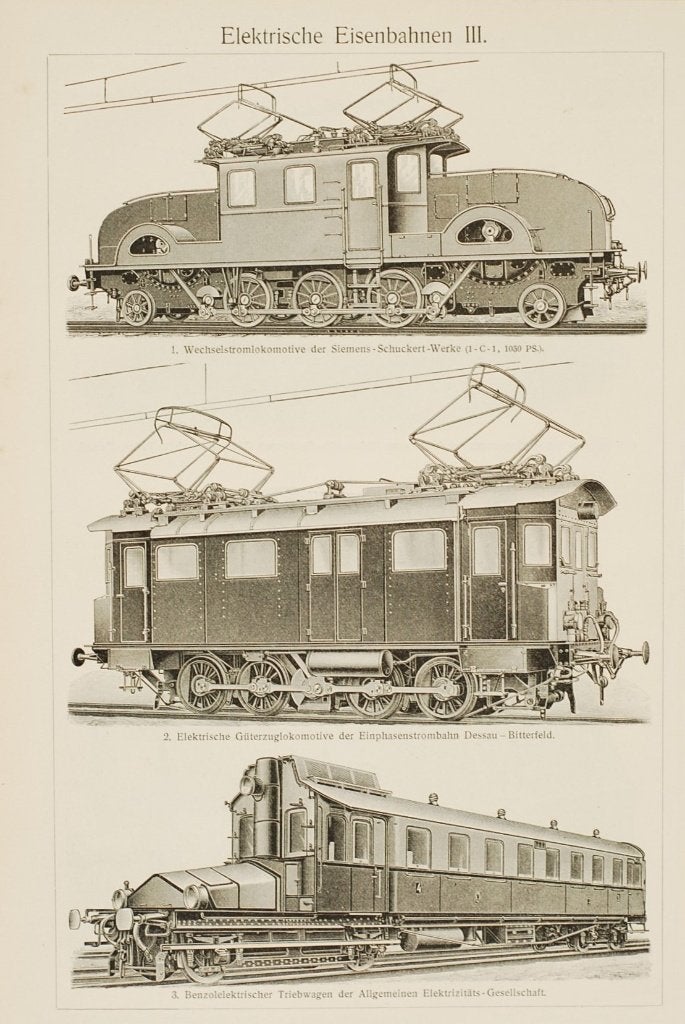 Elektrische Treinen Siemens & AEG (antieke prent 1897), Verzenden, Voor 1940, Gebruikt