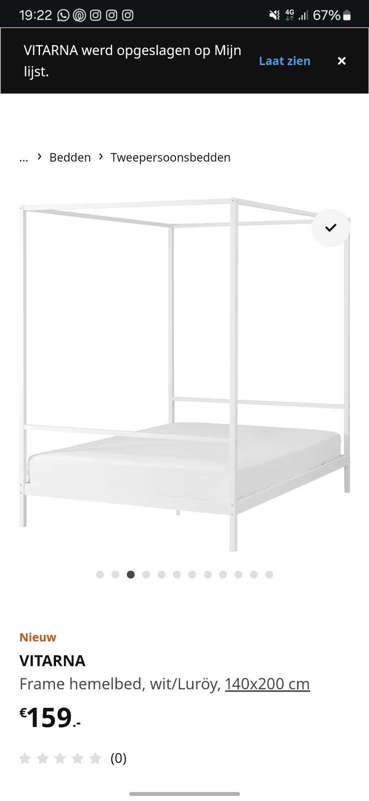 IKEA VITARNA Hemelbed 140x200 cm - Gebruikt maar netjes, Huis en Inrichting, Ophalen, Gebruikt, Wit, Tweepersoons