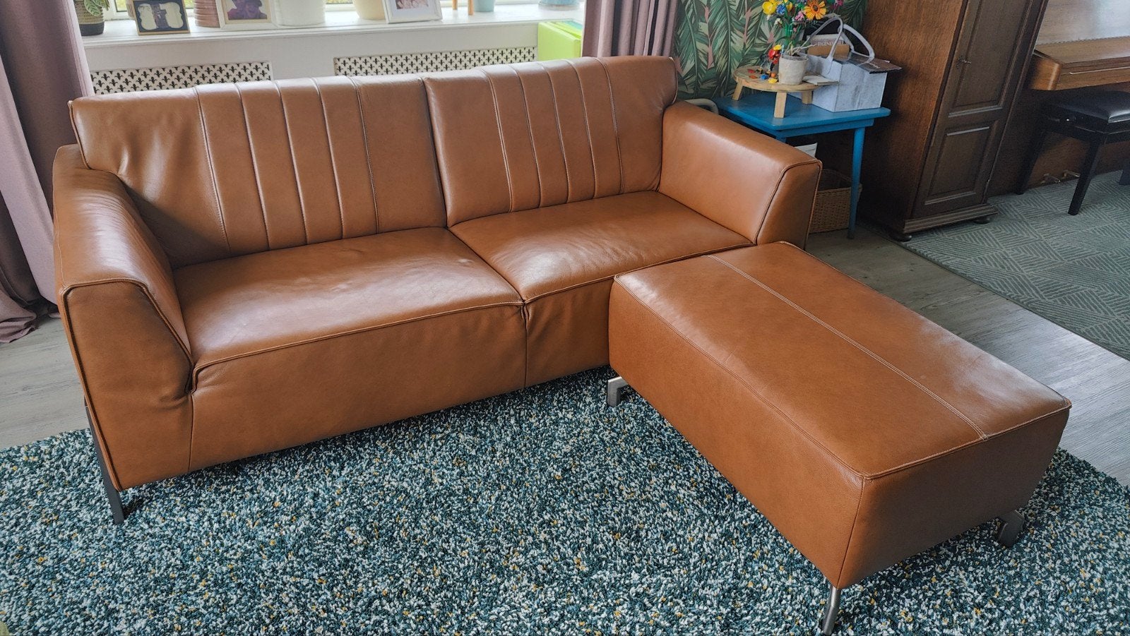 Leren bank en poef - Zembla H&H, Ophalen, Gebruikt, 200 tot 250 cm, Leer