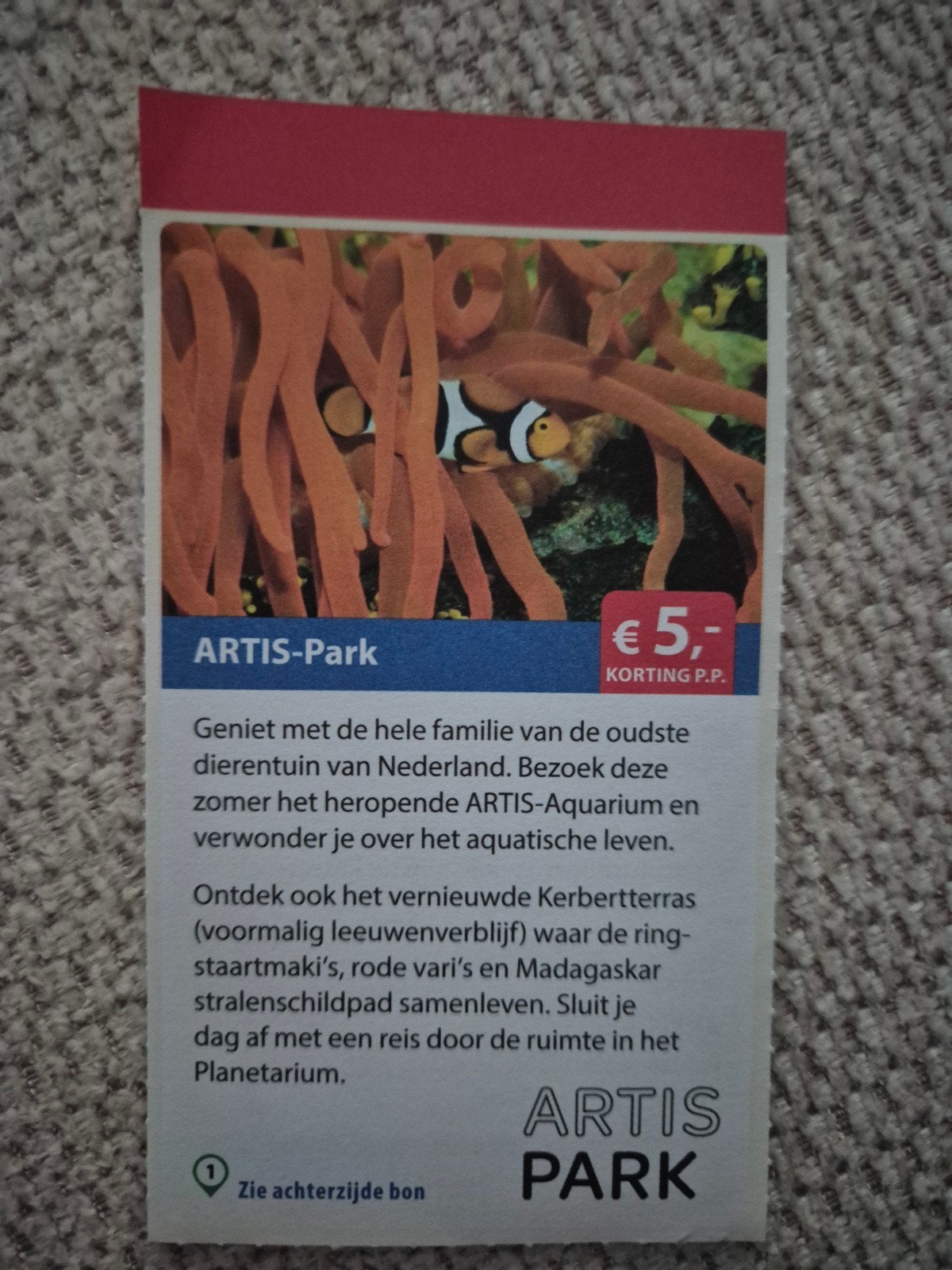 Postcodeloterij Artis voor 5 euro korting, Drie personen of meer, Kortingskaart