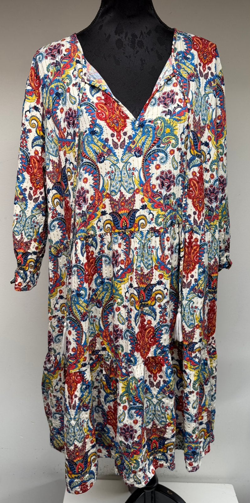 Superleuke creme/blauwrode jurk paisleyprint Bodyflirt mt 50, Kleding | Dames, Grote Maten, Verzenden, Zo goed als nieuw, Beige