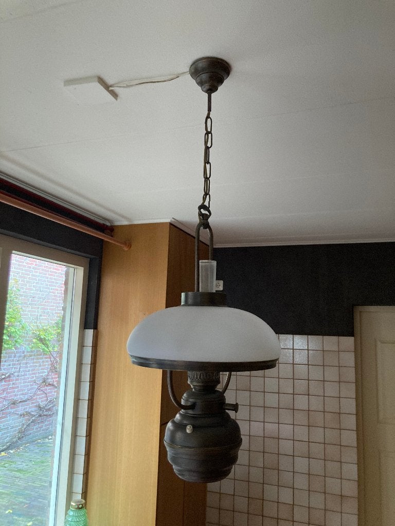Antiek cottage koper brons glazen olielamp met dimmer, Ophalen of Verzenden