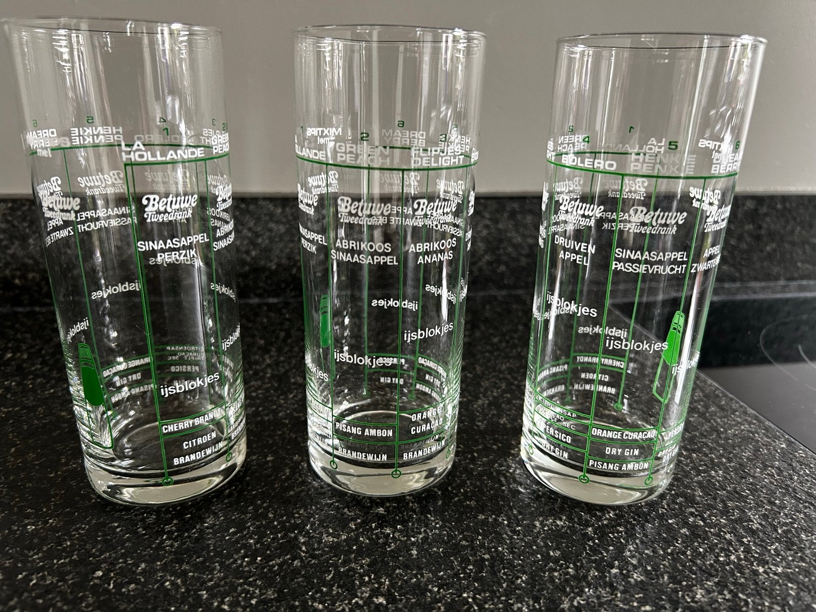 Set van 3 Vintage Betuwe Longdrinkglazen met Recepten, Ophalen of Verzenden, Zo goed als nieuw, Glas