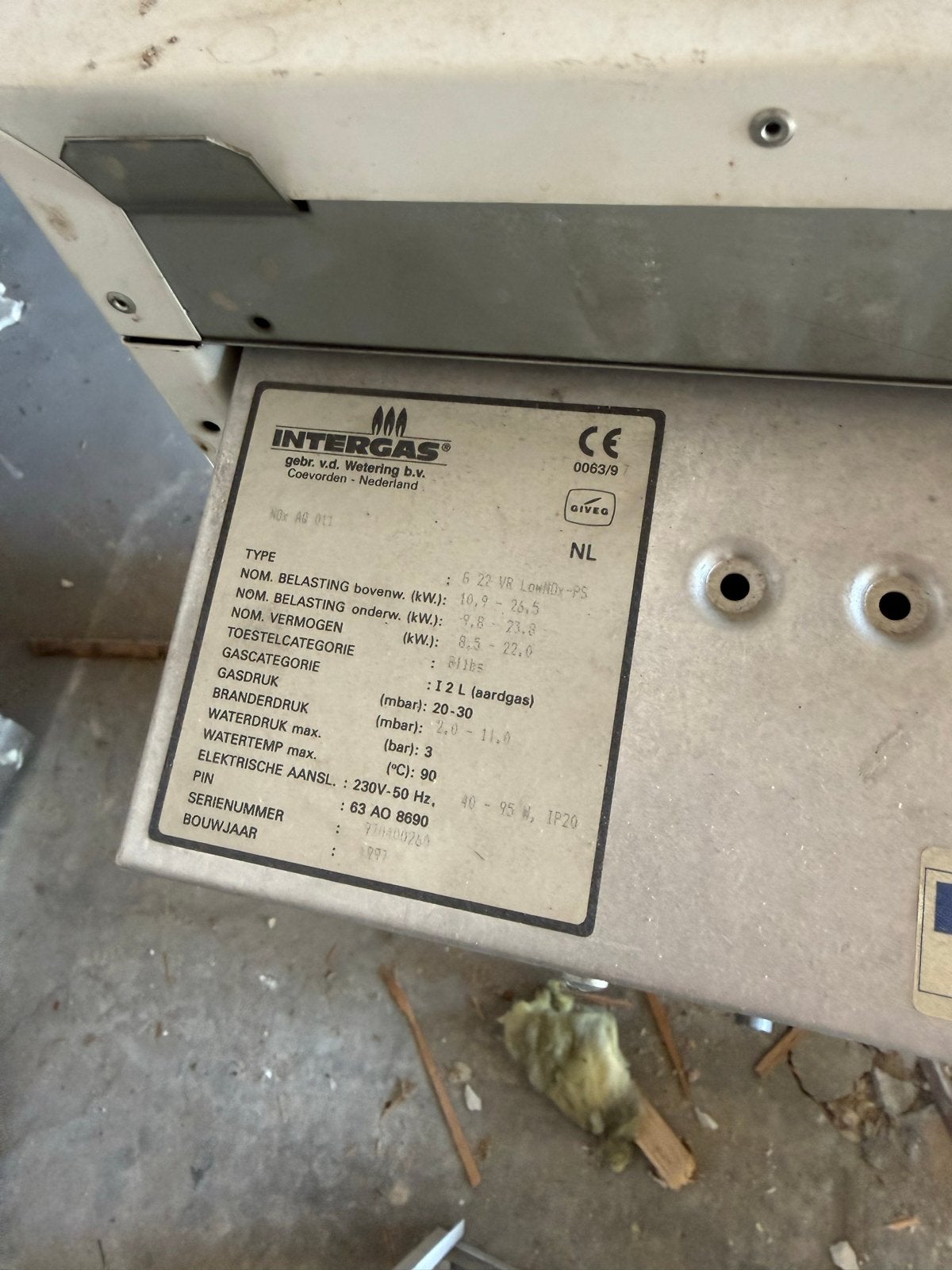 Intergas CV-ketel 6.23 VR LowNOx-PS (Gebruikt), Ophalen, Gebruikt, Cv-ketel of Combi-ketel, 60 tot 150 cm