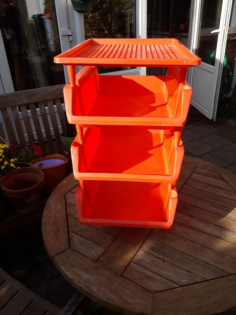 Oranje stapelbare opbergbakken vintage, Ophalen, Gebruikt, Overige stijlen, Kunststof