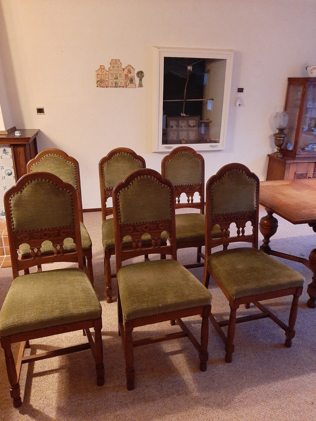 Set van 6 antieke eetkamerstoelen, eikenhout met groene stof, Antiek en Kunst, Ophalen