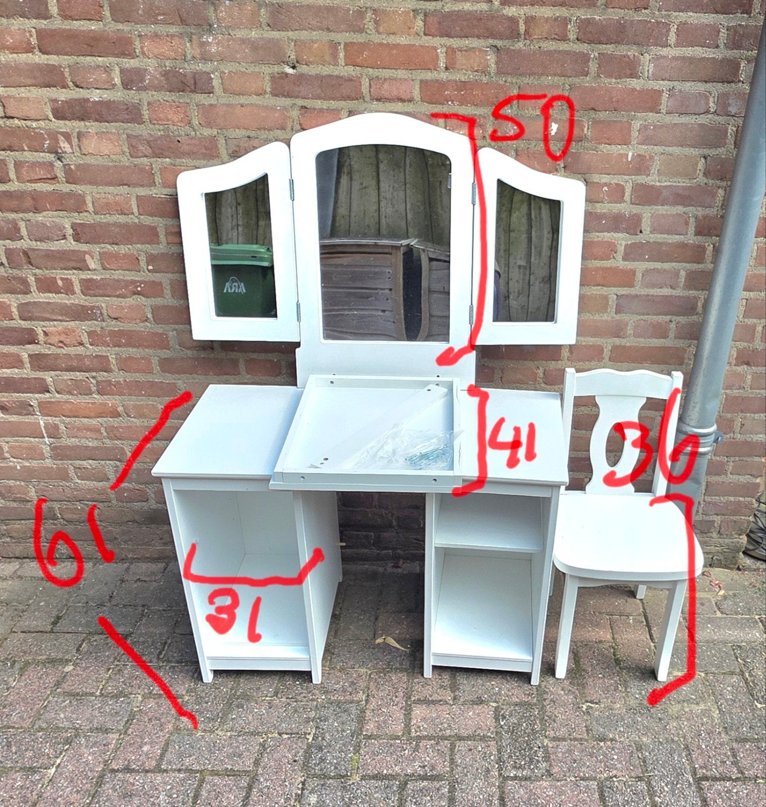 Leuke Witte Houten Kinderkaptafel + Drieluikspiegel & Stoel, Ophalen, Gebruikt, Tafel(s) en Stoel(en)