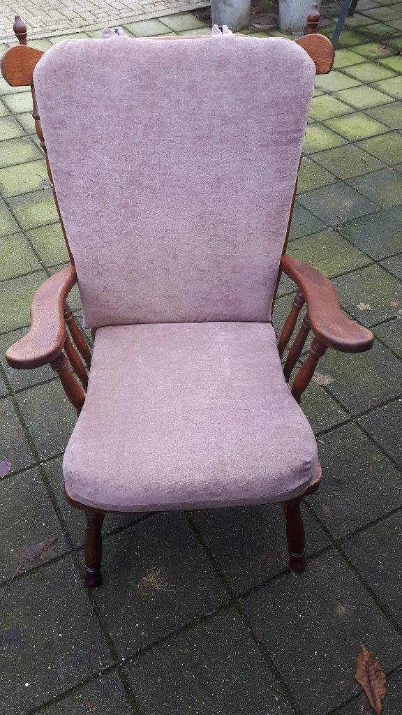 donker eiken stoel met kussens, Huis en Inrichting, Stoelen, Ophalen, Gebruikt, Bruin, Stof