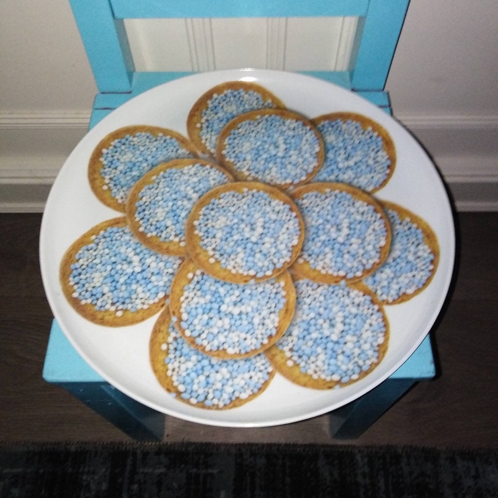 Beschuit blauw muisjes schaal - kunststof zie omschrijving, Ophalen, Gebruikt, Geboortebord