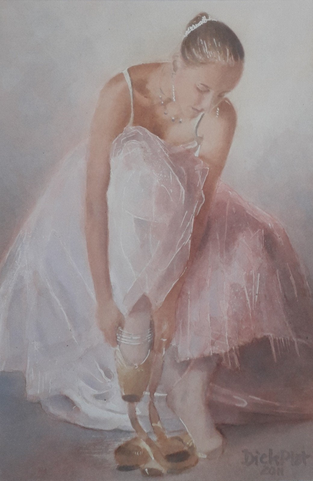 BALLERINA TREKT SCHOENTJES AAN🩰BALLET🩰DICK PLAT (1956), Antiek en Kunst, Portret of Personen, Ingelijst, Ophalen of Verzenden