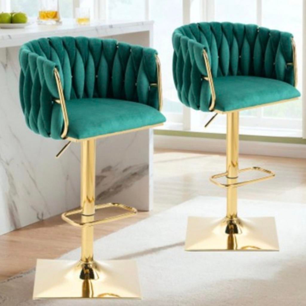 2 ni Vintage barkrukken - Groen fluweel met gouden onderstel, Ophalen, Nieuw, 90 cm of meer, 2 krukken