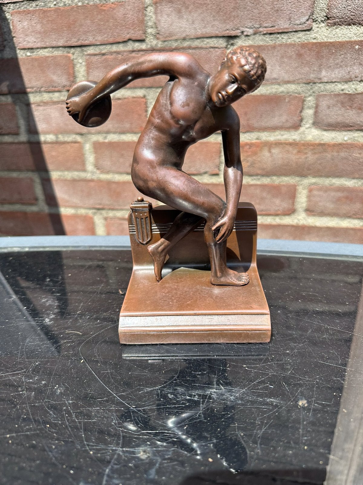 Antiek Art Deco Beeld 'Discuswerper' gesigneerd JB 1924, Antiek en Kunst, Ophalen, Art deco, Beeld, Bruin