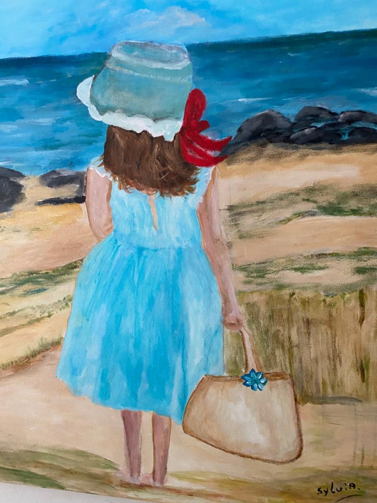 Schilderij: Meisje aan Zee, Antiek en Kunst, Kunst | Schilderijen | Klassiek, Ophalen of Verzenden