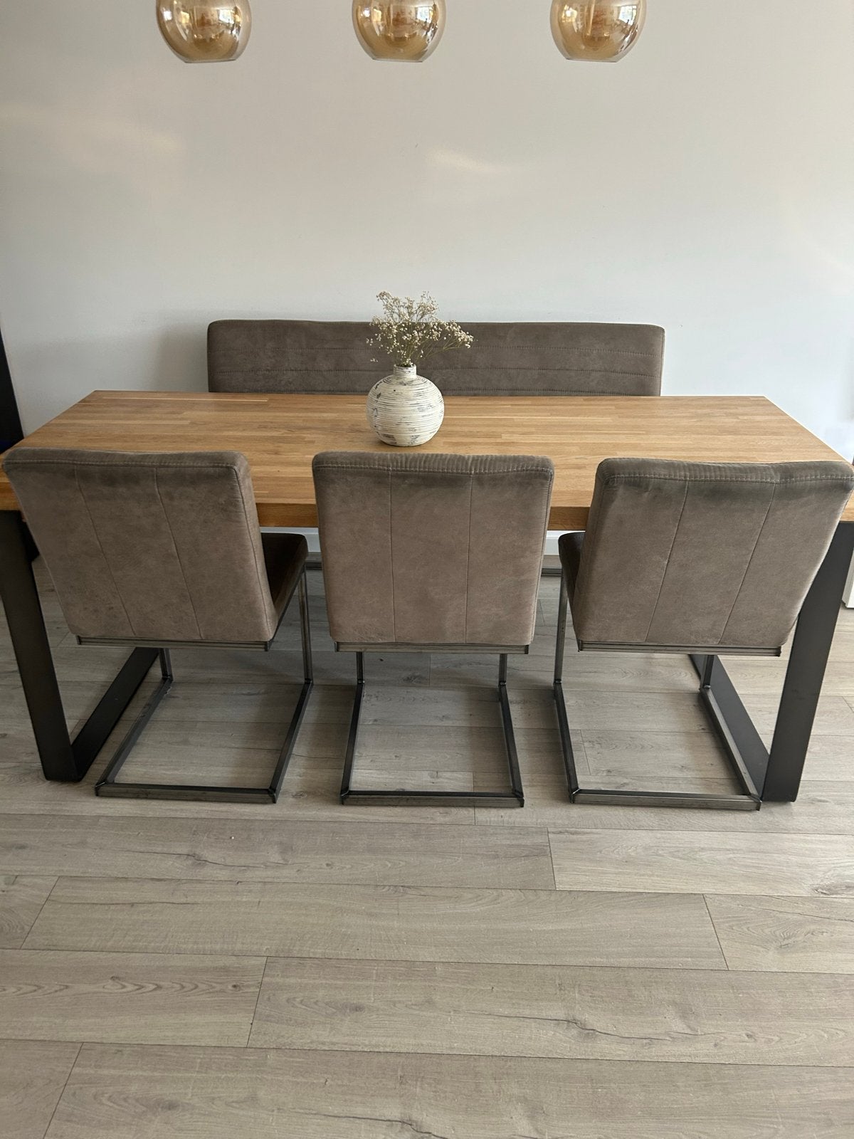 Eettafel met 3 stoelen en bankje - 200x90 cm, Ophalen, Gebruikt, 200 cm of meer, 50 tot 100 cm