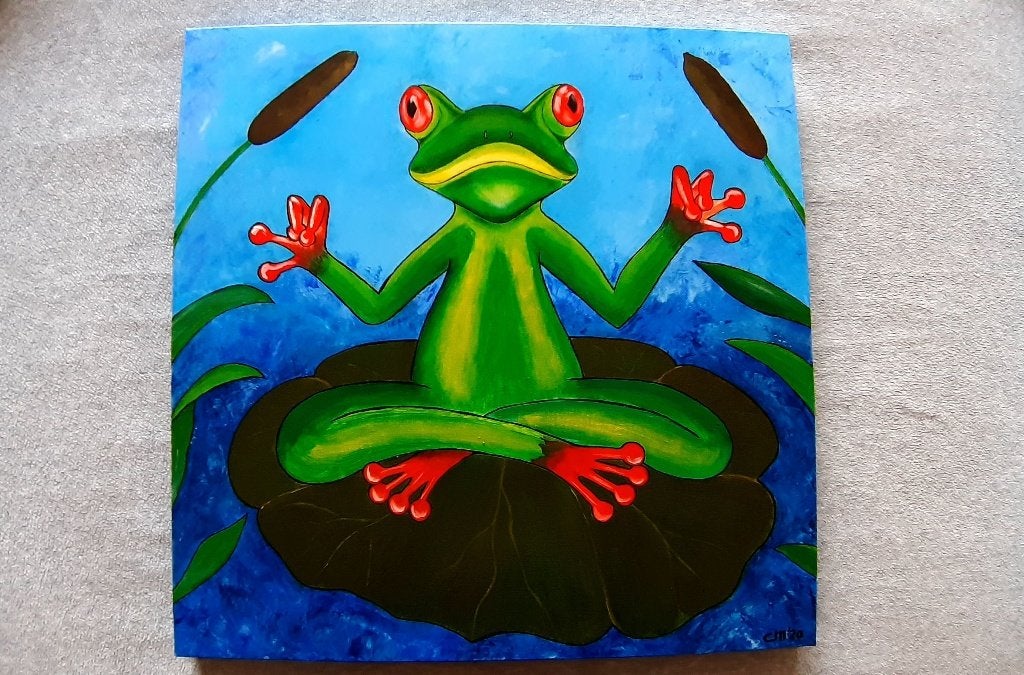 Schilderij Yoga Kikker / Meditation Time 50x50 cm., Huis en Inrichting, Woonaccessoires | Schilderijen, Tekeningen en Foto's, Ophalen