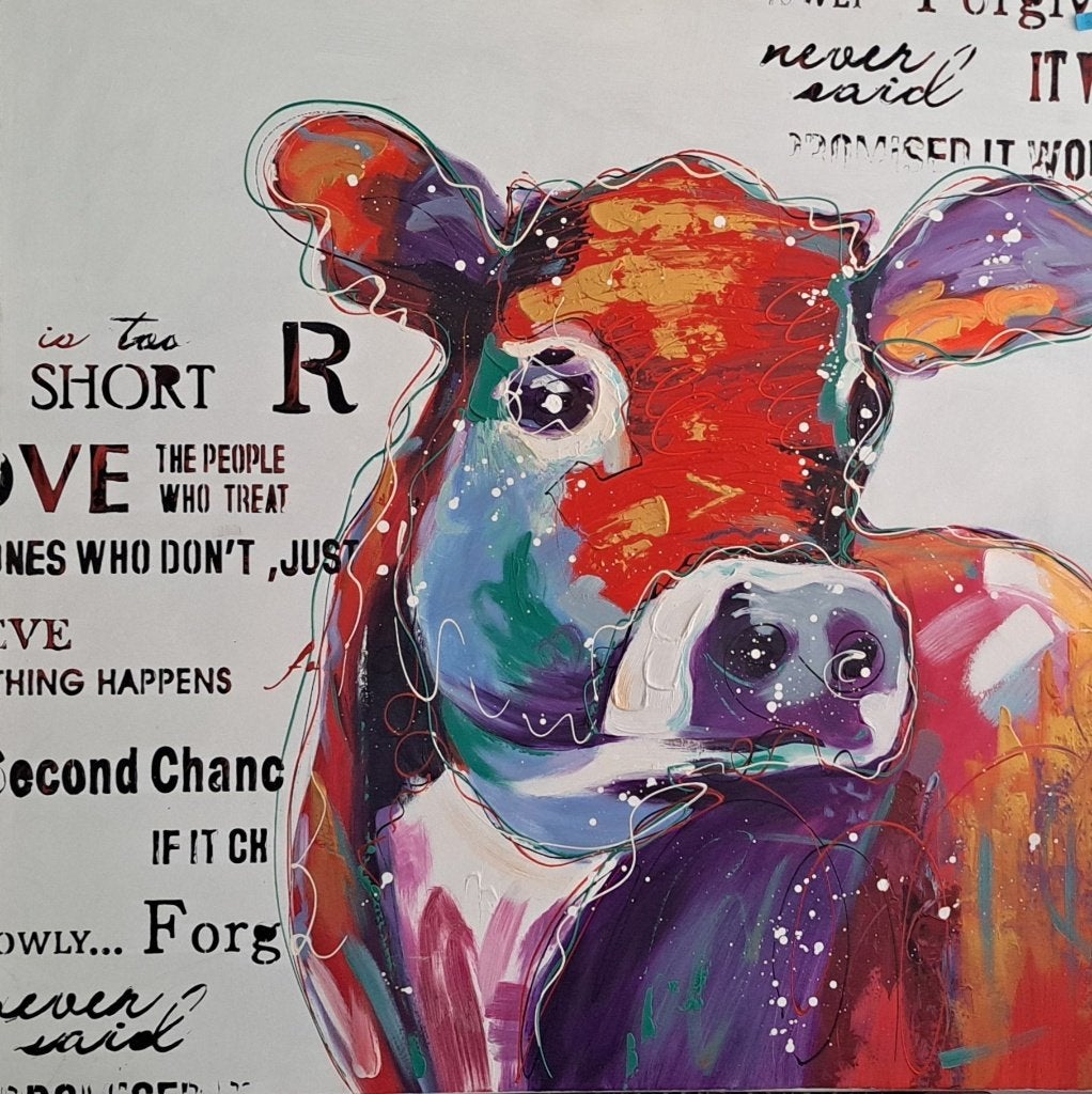 schilderij van een vrolijke koe, Acrylverf, Dieren, Textiel, Gesigneerd