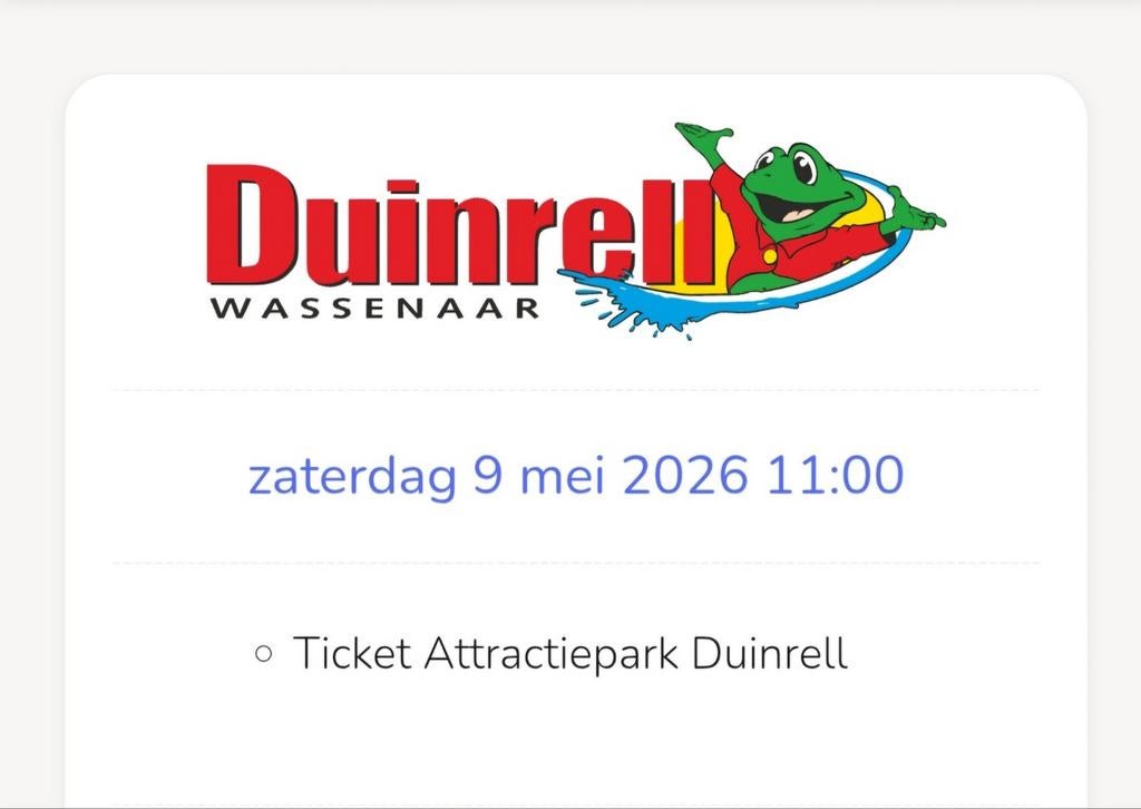 2 kaartjes Duinrell 9 mei, Twee personen, Ticket of Toegangskaart