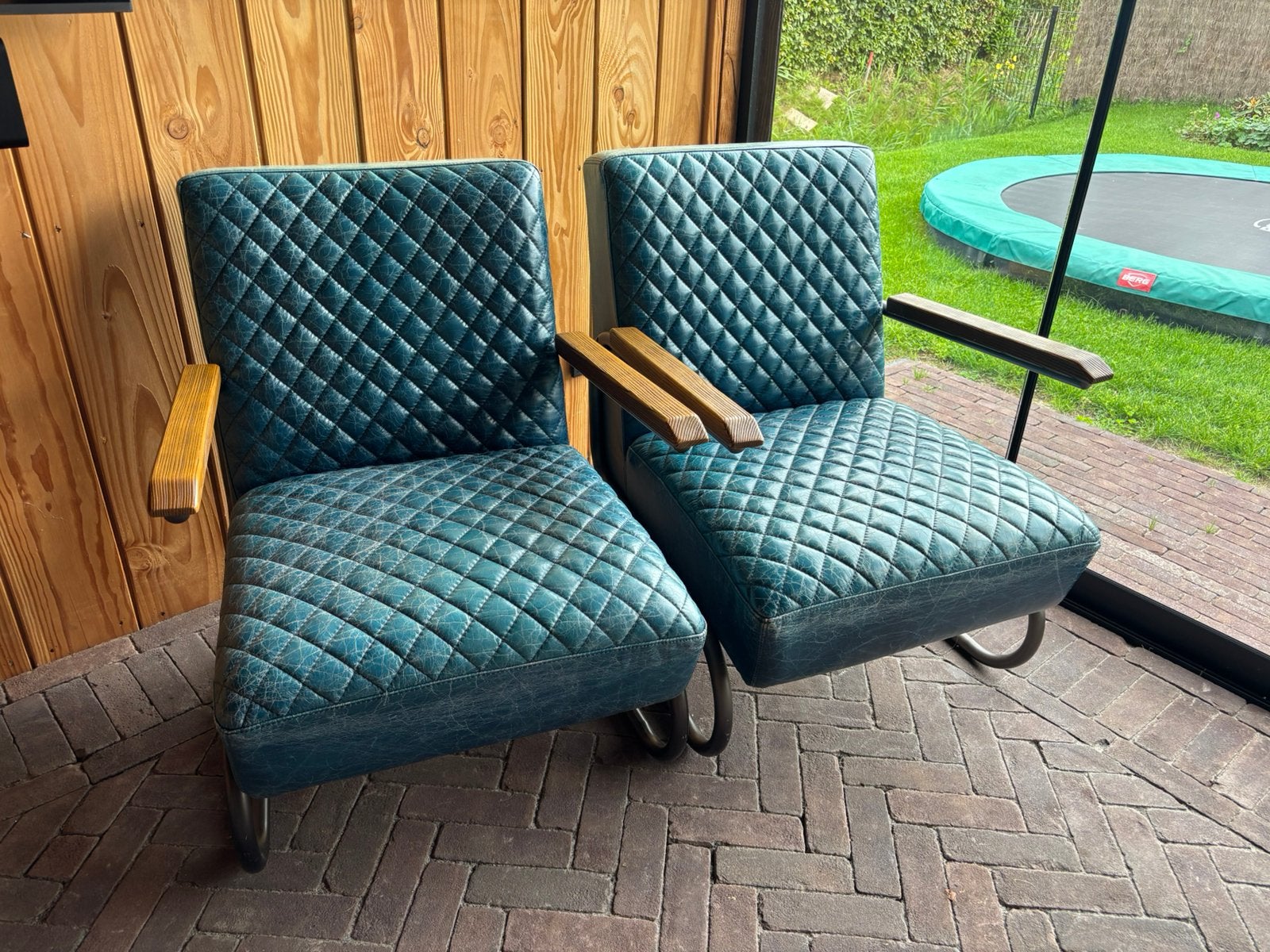 2 blauwe fauteuils, Huis en Inrichting, Ophalen, Zo goed als nieuw, 50 tot 75 cm, Leer