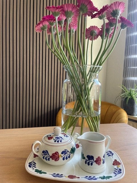 Boerenbont servies suiker+melk stel met plateau, OPRUIMING, Ophalen of Verzenden, Zo goed als nieuw, Aardewerk, Overige typen