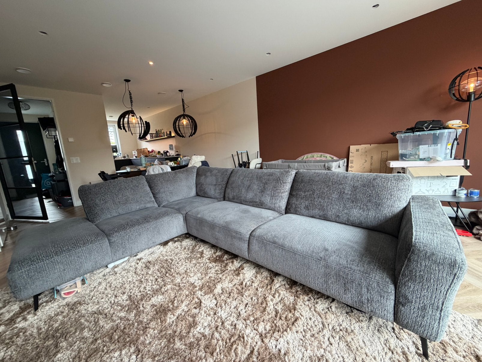 Ruime moderne hoekbank, chaise longue – grijs – nette staat, Ophalen, Zo goed als nieuw, Stof, Modern