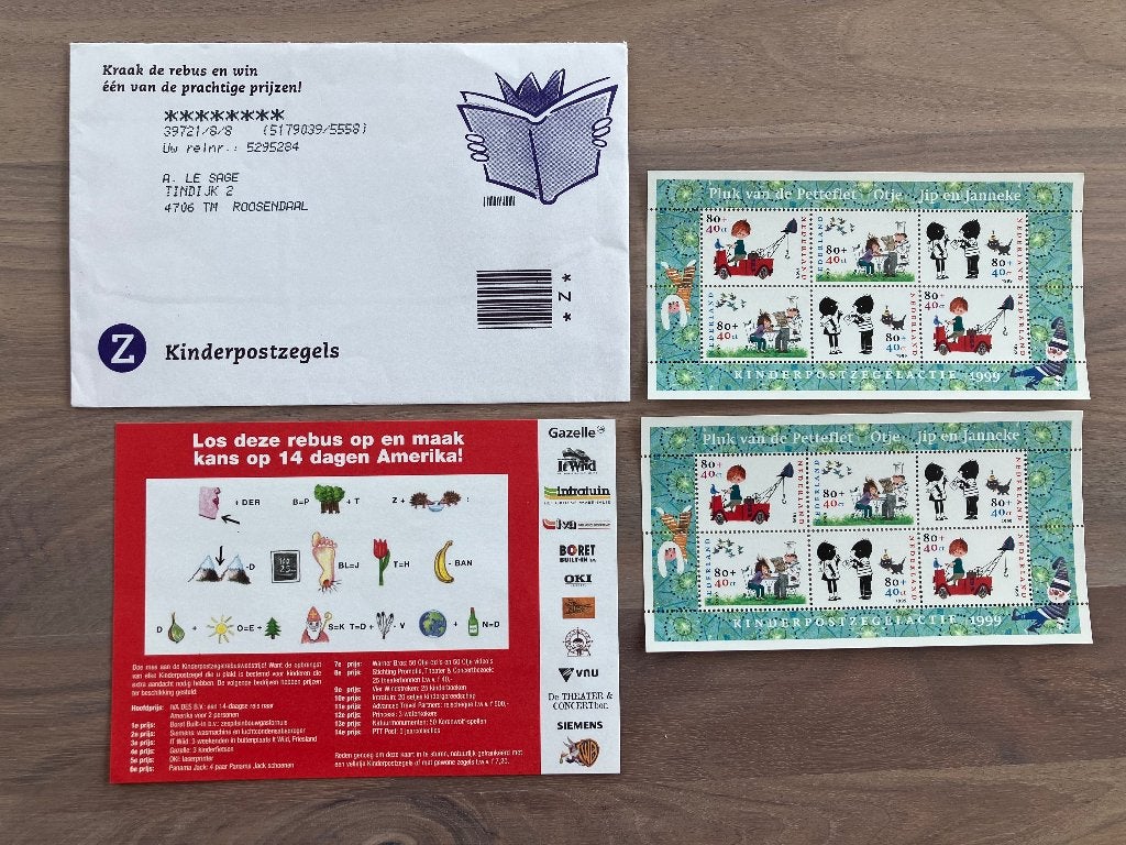 2x Vel Kinderpostzegels 1999 in originele enveloppe, Ophalen of Verzenden, Na 1940, Postfris