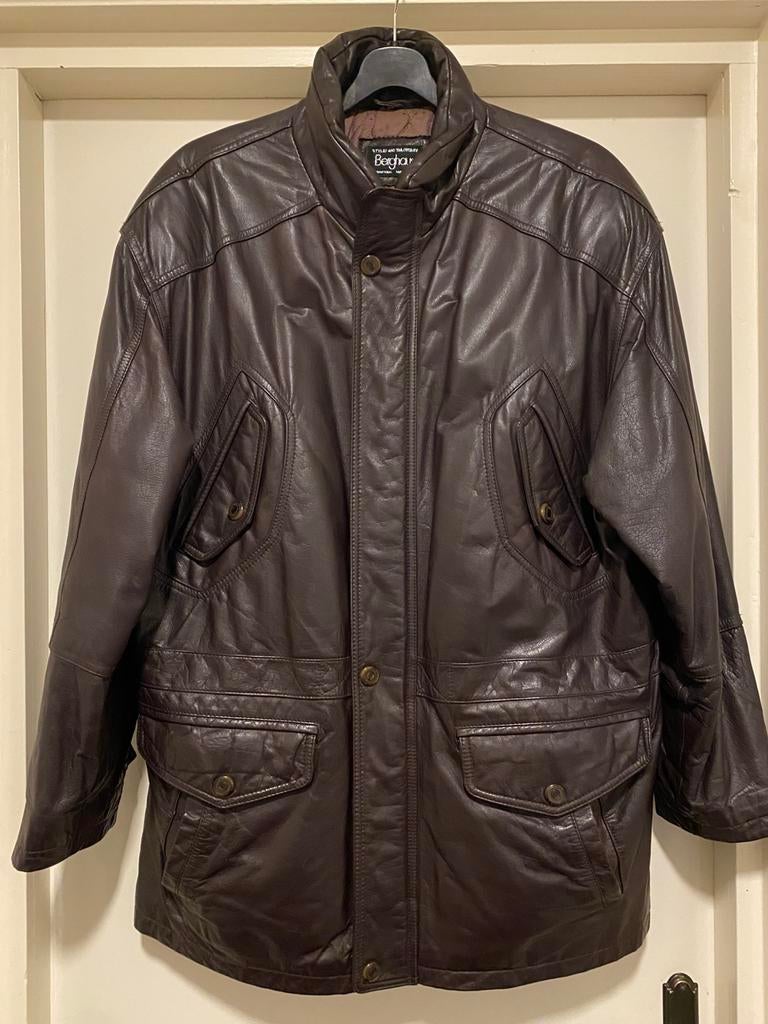 BERGHAUS VINTAGE 80’s BRUINE LEDEREN JAS 54, Kleding | Heren, Jassen | Winter, Ophalen of Verzenden, Gedragen, Maat 52/54 (L)