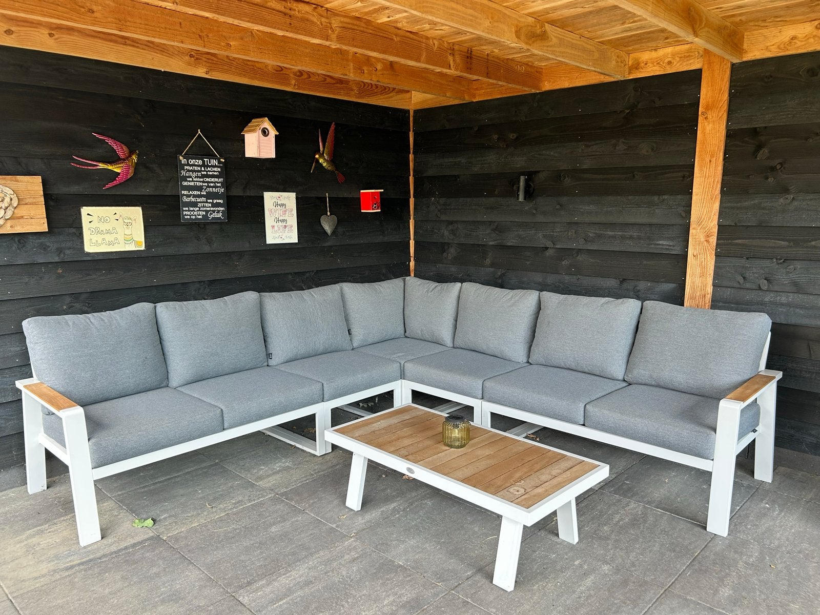 Loungebank met salontafel - 285x285 cm, Ophalen, Gebruikt, Meer dan 8 zitplaatsen, Aluminium