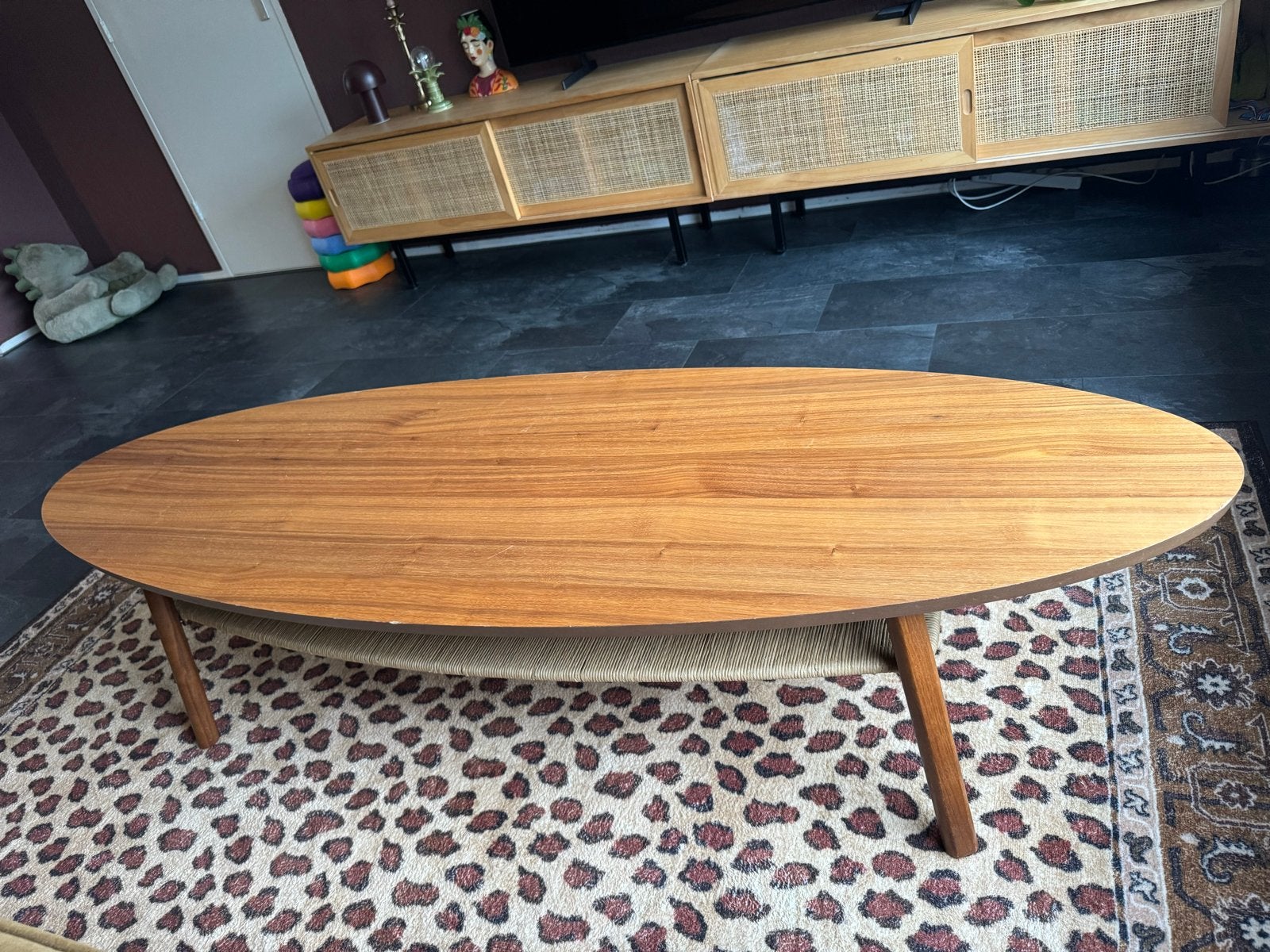 Ikea stockholm salontafel van teakhout met rotan onderblad, Ophalen, 100 tot 150 cm, Teakhout, 50 tot 100 cm