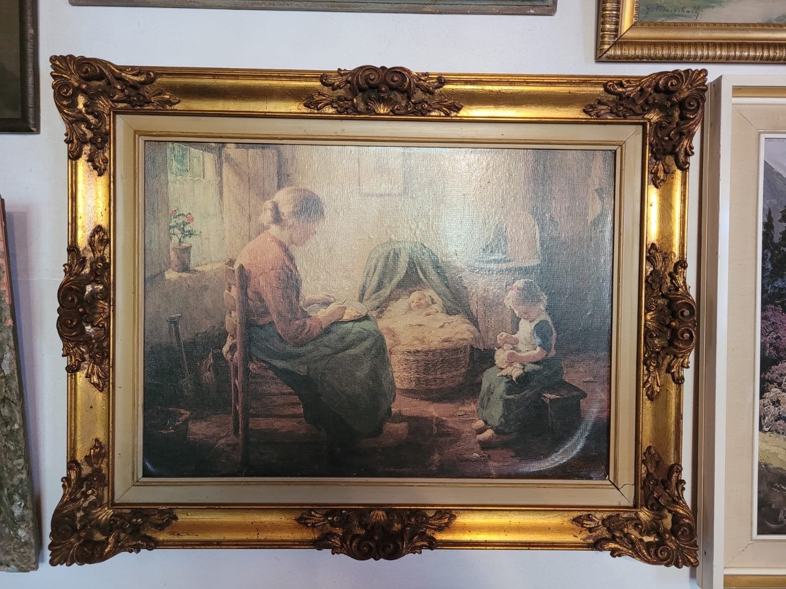 Klassiek schilderij: Moeder met kind en baby in wieg, Ophalen, Doek, Portret of Personen, Gesigneerd