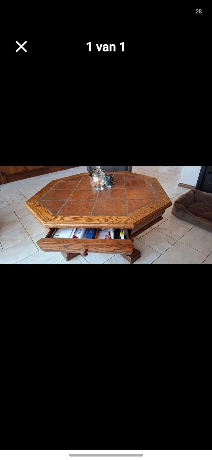 Unieke zeshoekige salontafel met tegels en lade, Huis en Inrichting, Gebruikt, 50 tot 100 cm, Rustiek, Overige houtsoorten
