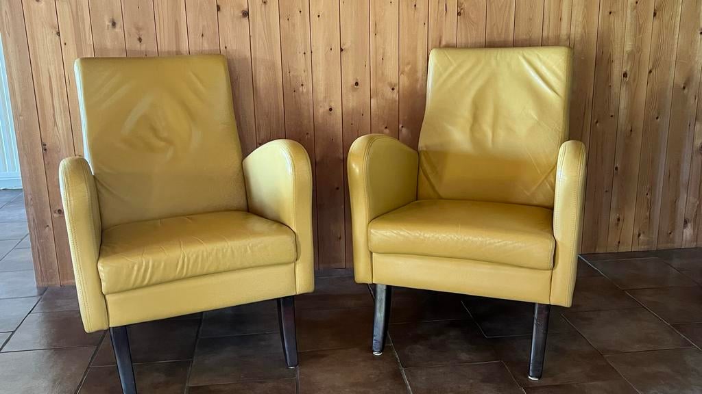 2x Leren fauteuils - Geel - Comfortabel en rookvrij, Ophalen, Gebruikt, Twee, Overige kleuren