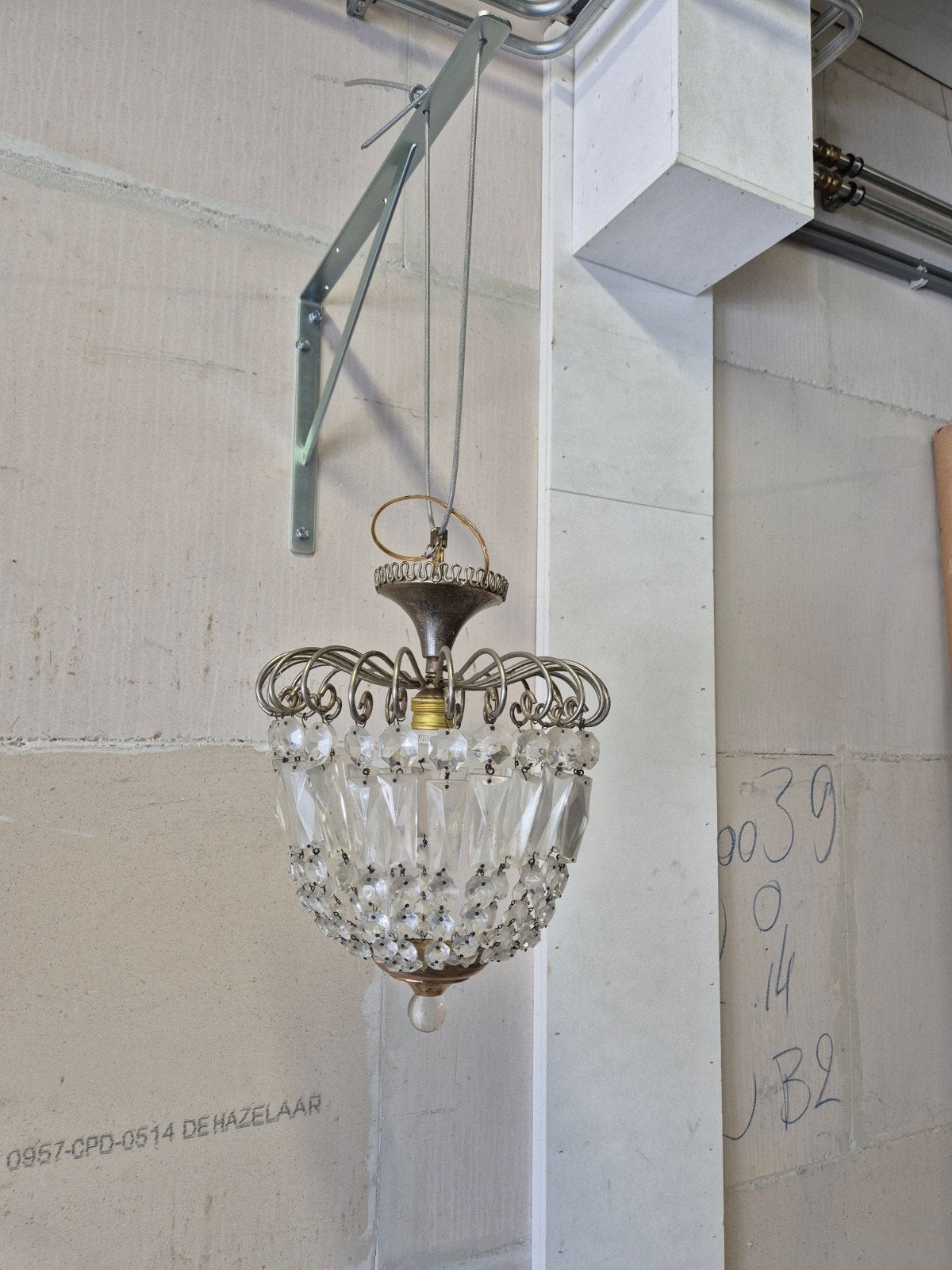 Antieke Franse Kroonluchter 'Framboos' Model, Gebruikt, E14 (klein), Ophalen of Verzenden, Glas