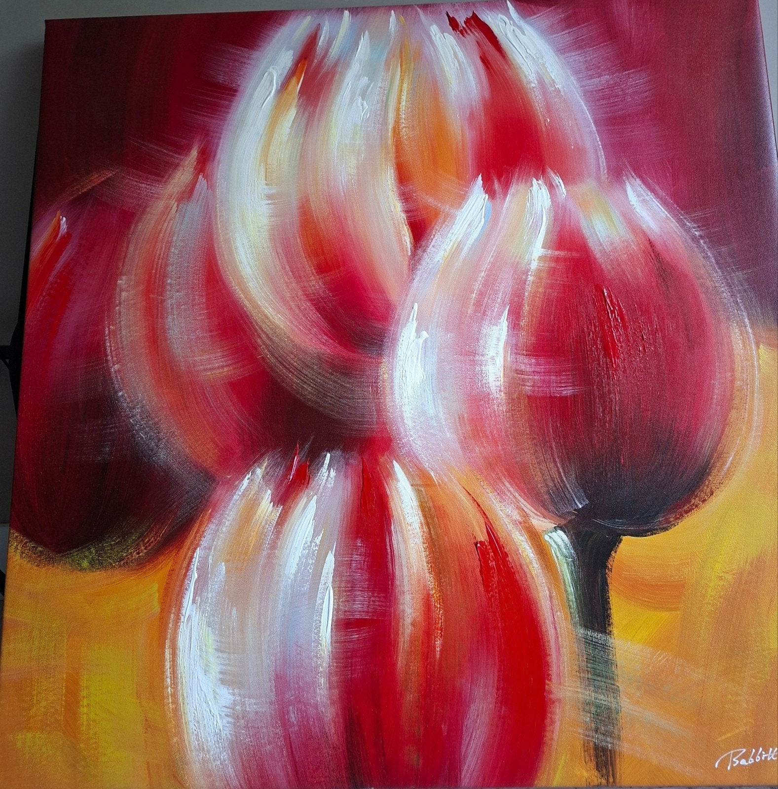 Schilderij met tulpen, acryl op doek, gesigneerd Babbitt, Ophalen, Ophangklaar, Acrylverf, Bloemen