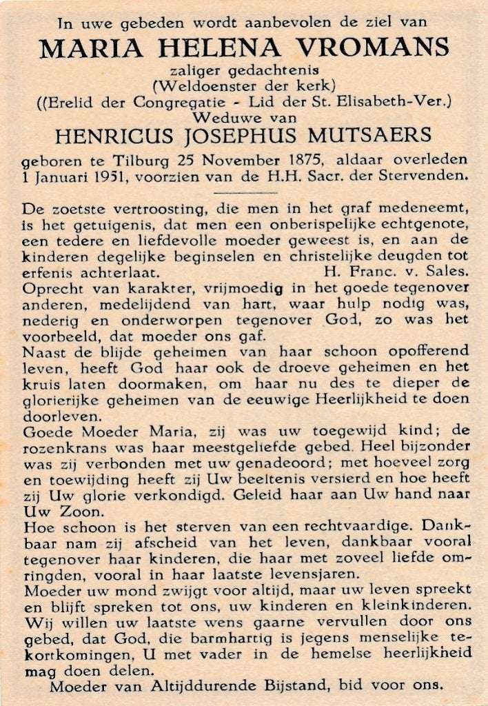 Vromans Maria 1875  Tilburg 1951, Ophalen of Verzenden, Bidprentje