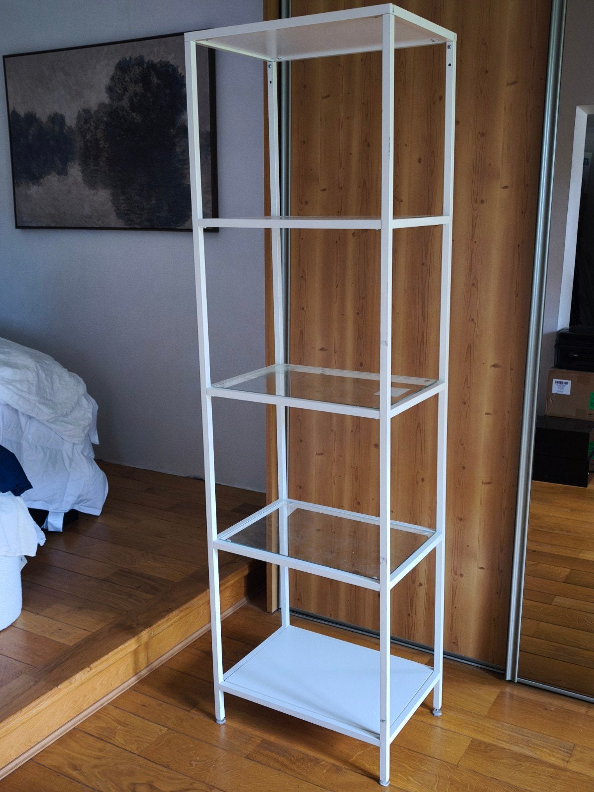 Wit open stalen kastje met glazen planken, Ophalen, Minder dan 50 cm, Gebruikt, Minder dan 100 cm