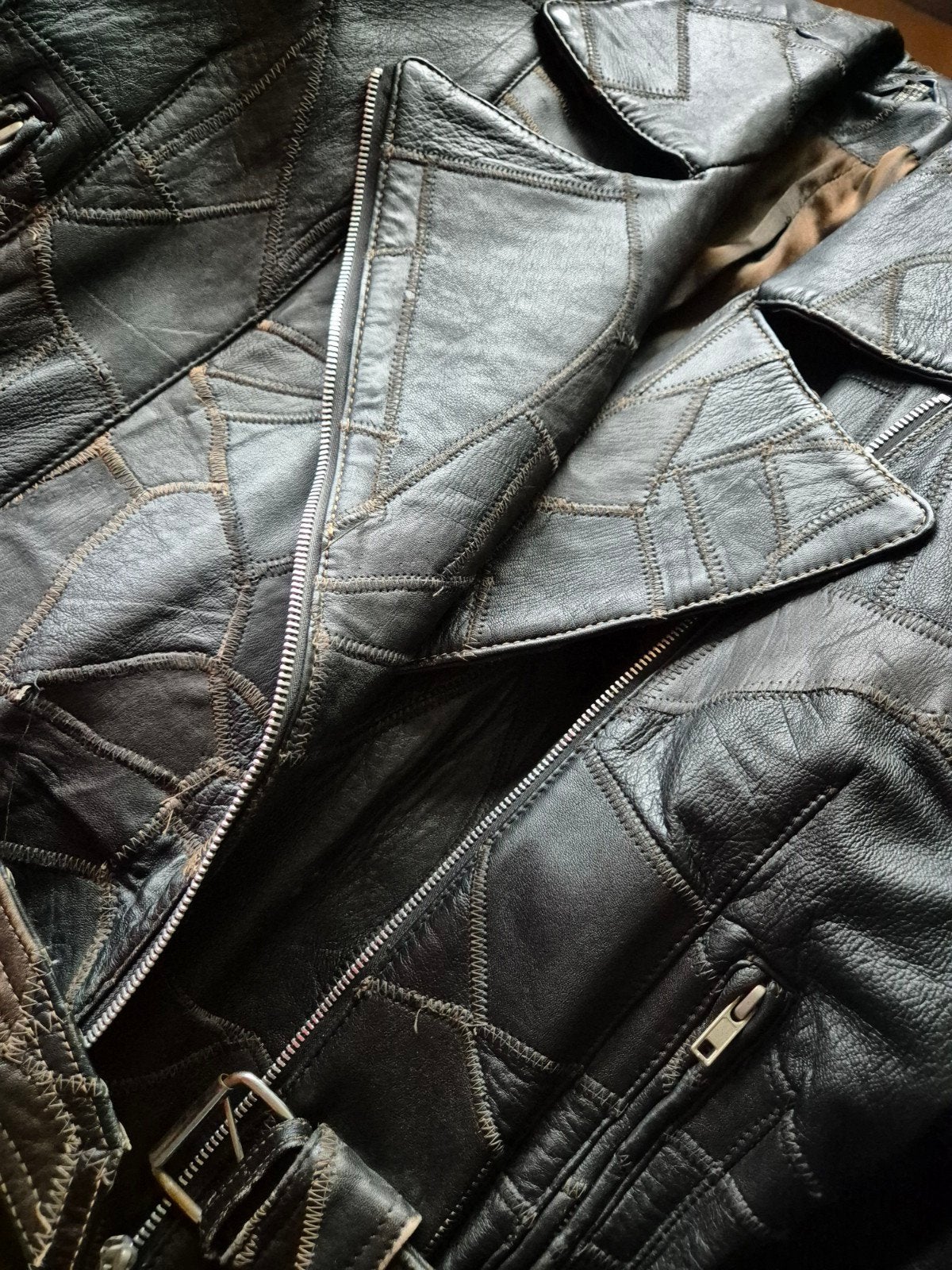 Vintage 80's - Unique belted and cropped patchwork Motorjas, 80's Vintage Genuine Leather, Jas | leer, Ophalen of Verzenden, Dames