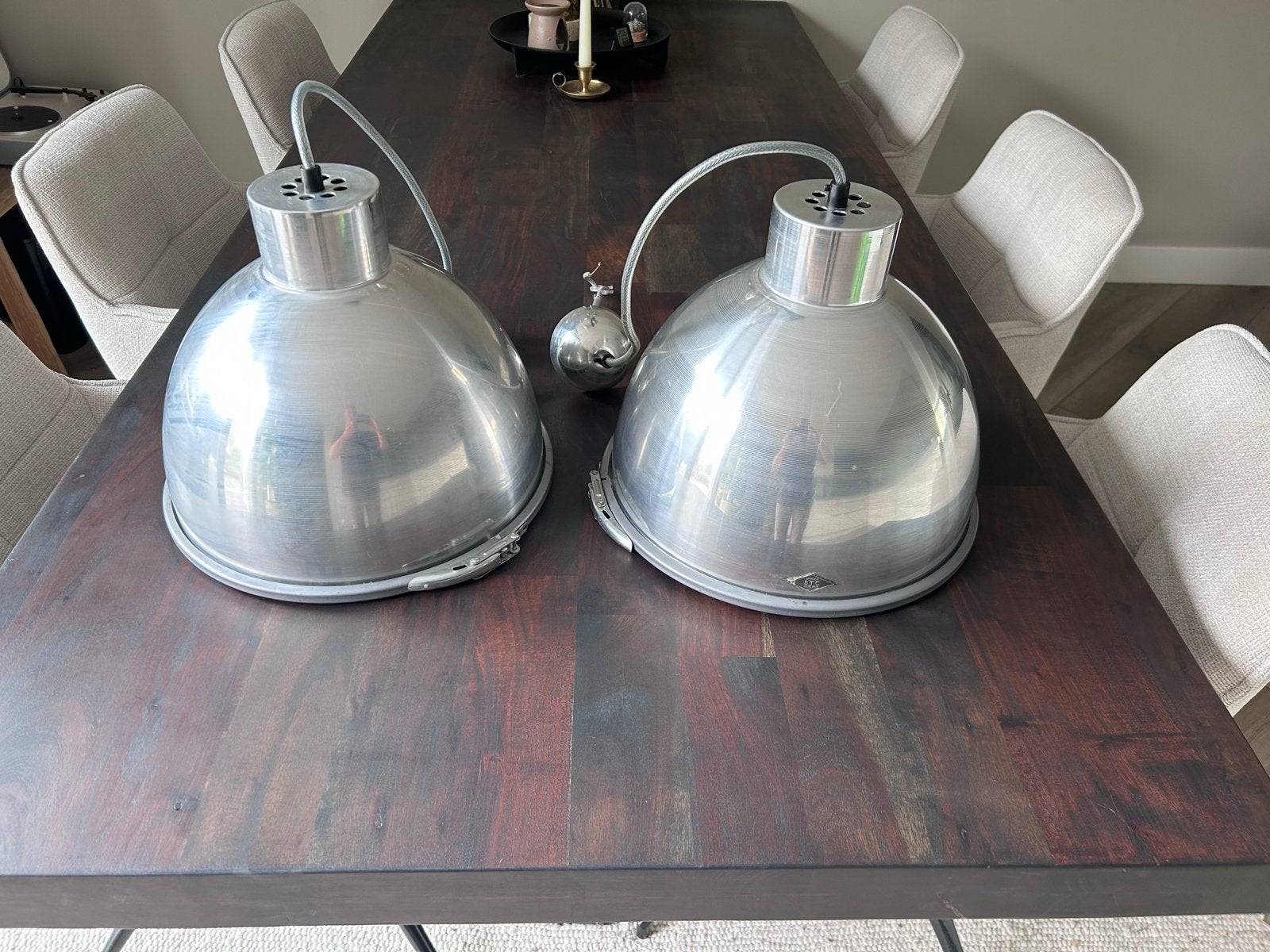 Set van 2 Original BTC England industriële hanglampen 37 cm, Ophalen, Zo goed als nieuw, Metaal, E27 (groot)