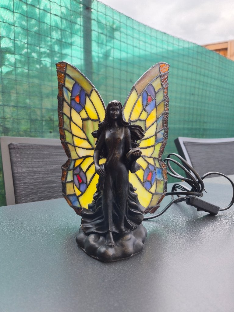 Glas in lood tiffany styl lady butterfly bureau lamp, Ophalen